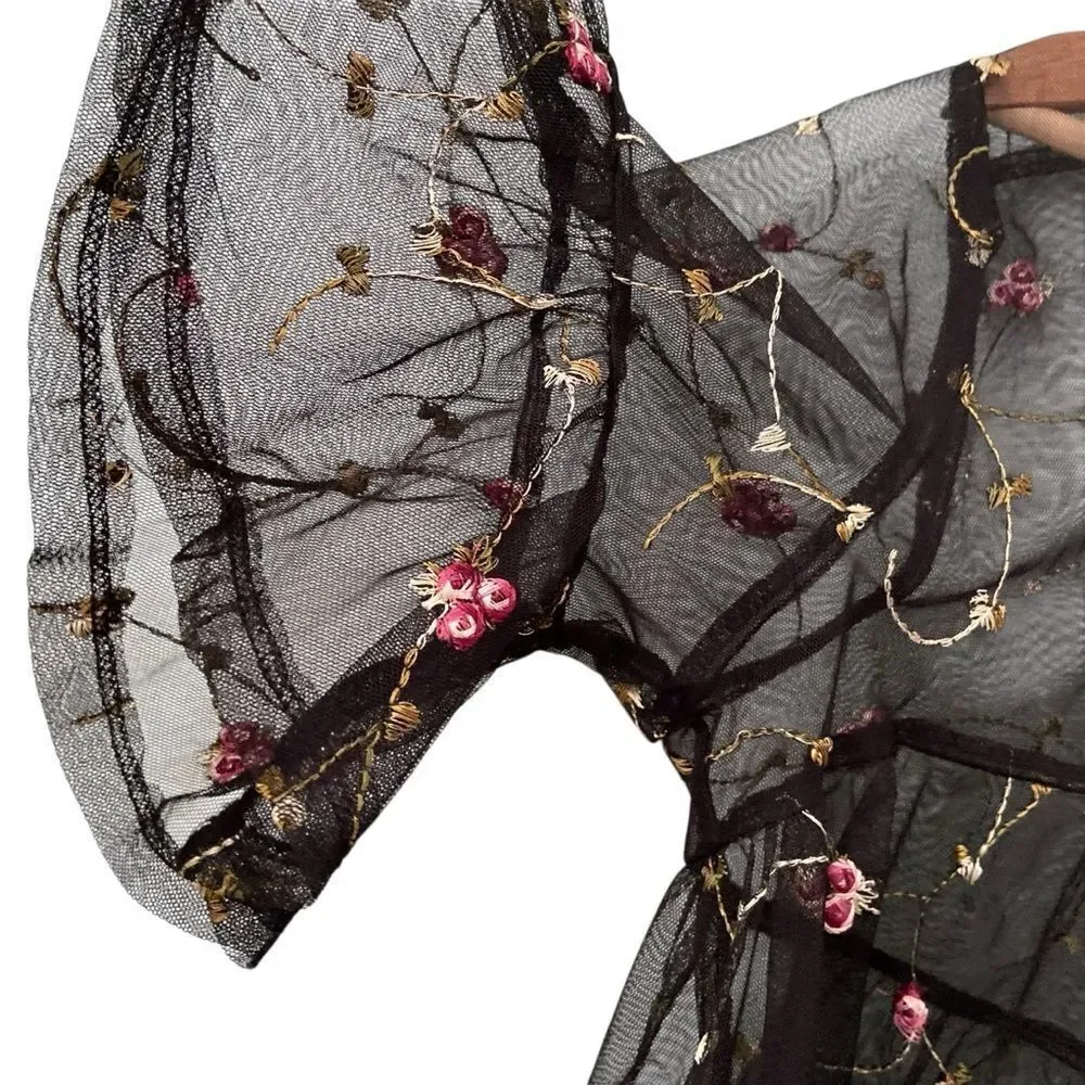Gypsies & Moondust Black Sheer Mesh Floral Blouse in Size Large